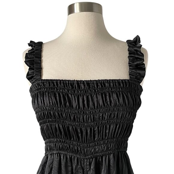 Ganni Crinkle Satin Jumpsuit Size 2 Black Smocked Ruffle Wide Leg - Picture 3 of 8